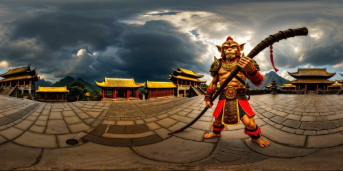 Blackmyth wukong sun wukong in armor holding the stick inspired by Li Kan Hu Zaon from Warcraft cg artist realistic vex movie close up monkey king Wukong Chinese warrior epic atmosphere dark atmosphere dramatic sky Chinese temple AAA  The Witcher style