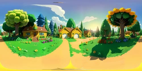 VR360, The Simpsons garden style: iconic white picket fence, perfected verdant grass, flourishing cartoonish flowers. Ultra high-res masterpiece, comically oversized vegetables, sunflowers reaching pastel sky, towering tree boasting treehouse silhouette. VR360, vivid colors showcasing the Simpsons' signature style.