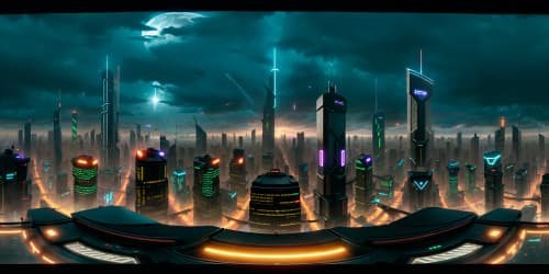 Neon-illuminated metropolis, towering futuristic skyscrapers, layered cityscape, VR360 view of night-lit cyberpunk scene. Emphasize ultra-high resolution, masterpiece quality, in the style of Cyberpunk 2077.