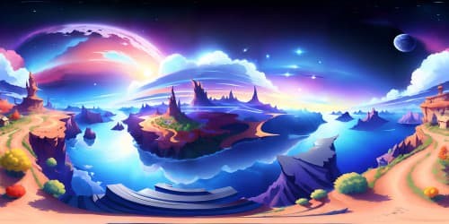 Ultra high-res VR360 scenery, masterpiece level, anime-style. Grand, expansive spaces, vibrant colors, fantastic landscapes. Unique sky phenomena, majestic clouds, beautiful sunsets.