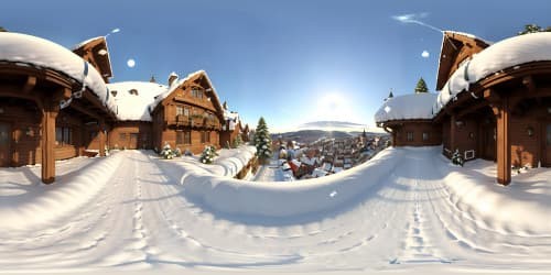 Masterpiece quality, ultra high resolution. Nuremberg architecture adorning VR360 horizon, snow-laden rooftops. Cobblestone streets untouched by footfall, snowflakes falling gently. Icy chandeliers hanging from eaves, frost-laden windows. VR360 view, magical, intricately detailed winter wonderland. Style: realistic, detailed, vivid.