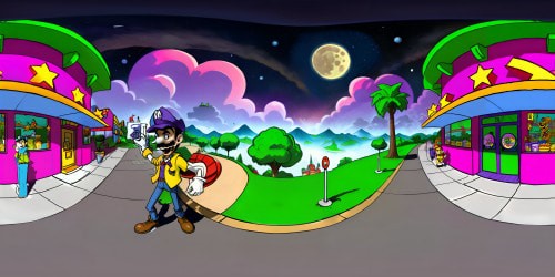 Waluigi standing outside a McDonalds under a starry night sky with a small bright moon and light clouds.