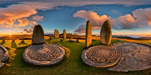 Ideal prompt: Bathed in the golden glow of a warm sunset, an ancient stone circle emerges, encircled by mystical standing stones adorned with intricate Celtic carvings, set amongst expansive rolling hills, all against the backdrop of a vivid starlit sky, a flawless masterpiece of Celtic folklore in stunning ultra-high resolution.