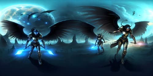 three black sorceresss with dark blue capes fly into battle . two are african american with dreadlocks. one is asain.one of them carries a staff with blue energy emanating from it.one has wings .all are black females with sexy evil looks.