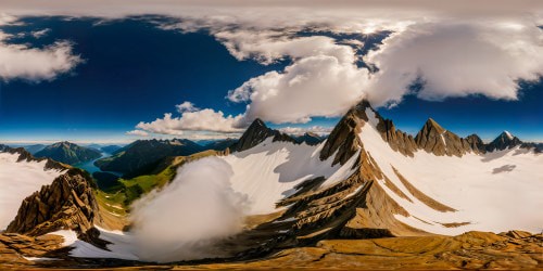 Immaculate view of the Rysy mountain peak, featuring sweeping, snow-capped summits, jagged cliffs veiled in mist, crystal-clear alpine lakes, reflecting the flawless azure sky.