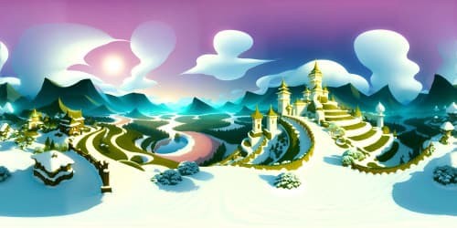 VR360 masterwork, ultra-HD. Panda-themed mountain vista, untouched snow, bamboo forest bordering. Animated style with Pixar-like charm. Dominant whites, soft green accents, VR360 winter wonderland.