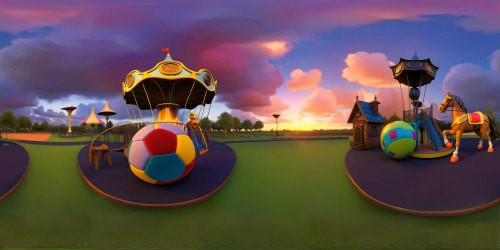 High-end resolution, meticulous texturing, VR360 view of whimsical pixar-style miniature playground. Oversized, texture-rich, velvet-soft soccer ball. Gleaming, detailed carousel horse, pixie-dusted. Fantasy cloudscape, artistically rendered, candy-colored sunset. Lively, engaging, memorable VR360 masterpiece scene.
