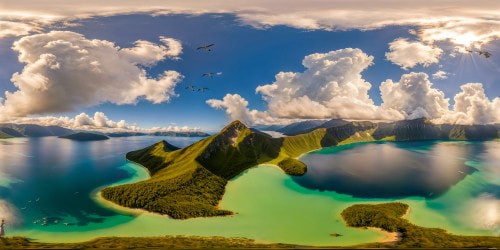 A flawless, ultra-high-resolution image capturing a pristine lake bordered by lush greenery, scattered with fluffy white clouds reflecting in the water, a flock of birds gliding gracefully across the serene sky - a true digital masterpiece.