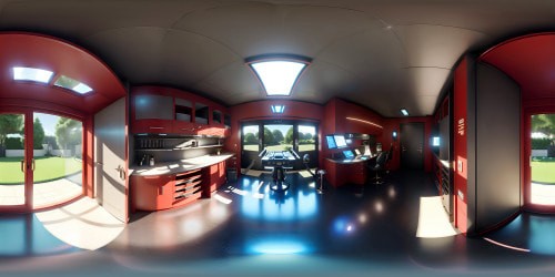 Advanced tech-laden garage, sleek Iron Man suits on pedestals, VR360 view of holographic blueprints, ultra high-res Tony Stark's lab. Futuristic VR360 panorama, Pixar-style vividness, bold colors, high contrast lighting, masterpiece detailing.