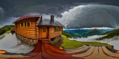 A perfect, flawless masterpiece showcasing a high-resolution image of a remote wooden cabin in the rain-soaked night, featuring gleaming wet logs, rain cascading down misty windows, all enveloped in a moody, atmospheric storm with brooding skies.