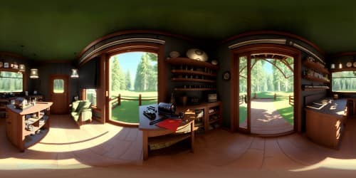 Masterpiece quality VR360, Ultra high-resolution gun range, Dense, lush forest backdrop. Meticulously detailed 1911 pistol, resting ominously on rugged table, Bullet casings scattered, glinting in the muted light, Bullseye target, punctured with precision, persistent in distance. Surreal art style influence, attention to minute detail.