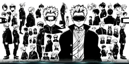 Jujutsu Kaisen. a man in silver hair and all black clothes and pants. with his eyes covered with bandages