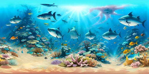 Underwater VR360 panorama, ultra-high-resolution. Turquoise water, vibrant coral gardens, shimmering schools of fish. Ethereal light rays breaking through surface tension. Fantasy style, whimsical sea flora, Pixar-style friendly marine life. A VR360 aquatic masterpiece.