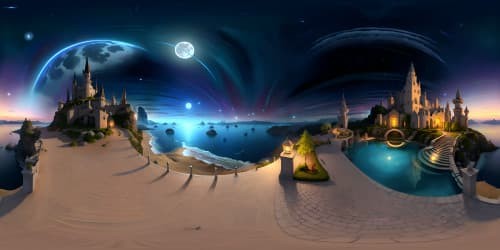 Masterpiece quality, ultra-high resolution, photorealistic full moon, night sky over tranquil beach, seamless VR360 immersion, midnight blue ocean reflecting moonlight, peaceful shoreline, VR360 star-studded sky.