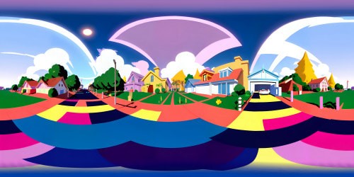 American Dad animation style, VR360 embrace of suburban setting. Pastel-hued houses, perfectly manicured lawns. Picturesque sunset sky, gradient hues, puffy cotton candy clouds. Patriotic fluttering flag atop flagpole, uniqueness VR360 perspective. Classic cartoon detailing, ultra high resolution masterpiece.