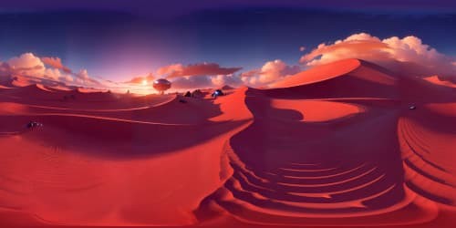 Masterpiece grade, ultra-high resolution VR360, golden sun radiating vibrant hues, shimmering heat waves, gold-tinted sand dunes, Pixar-style clarity, extreme details.