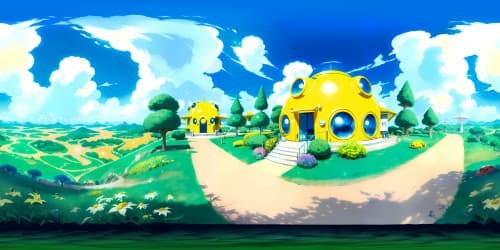 Ultra high-resolution VR360 view, Pokemon Center grandeur, fantastical anime style, signature Pokemon architecture, vibrant palette, captivating, immersive Pikachu yellow domes, sky-touching glass towers, masterpiece-quality detailing. 