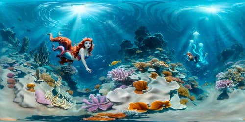 Ariel the mermaid swimming in the sea, with her head above water, her fishtail against the waves