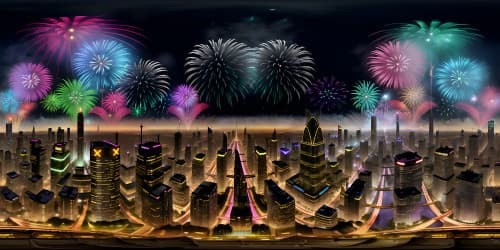 VR360 masterpiece display, ultra-high resolution, New Year's Eve 2124. Futuristic cityscape at midnight, towering skyscrapers, glass and neon dominance. Dazzling multi-dimensional, energy-efficient fireworks display, VR360 visual spectacle, painting the sky in vibrant color bursts. Style: Digital realism, sharp detailing, high contrast.