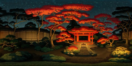 Expansively panoramic Edo period Japenese garden at night, with cozy warm toned glowy lighting. Emaculately detailed landscaping. Deep warm toned color palette, with deep reds, magentas,browns, deep orange-yellow tones. Warm feverish aesthetic.