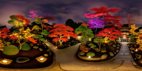 Expansively panoramic Edo period Japenese Zen garden at night, in Autumn. With cozy warm toned and glowy. Emaculately detailed landscaping. Deep warm toned color palette, with deep reds, magentas, browns, and deep orange-yellow tones. Warm feverish aesthetic.