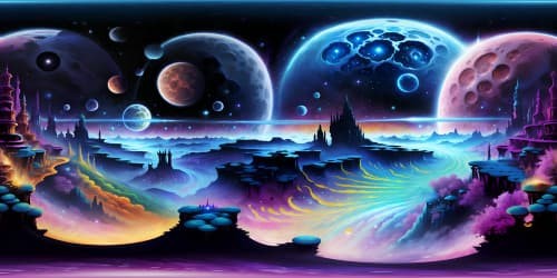 Void masterpiece in ultra high-res VR360. Infinite cosmic expanse, nebulae swirls, star clusters, galaxies in vibrant hues. Semi-abstract style, digital painting influence, stark contrasts, deep shadows, rich textures. VR360 view, endless spectacle, visual richness.