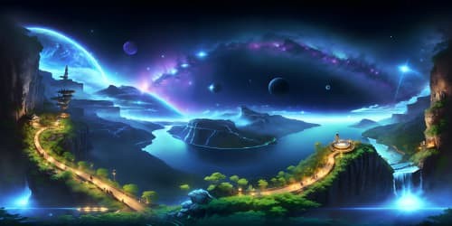 a water fall in space where you can see the most bueatful stars with the water of the waterfall refecting galaxy below me  