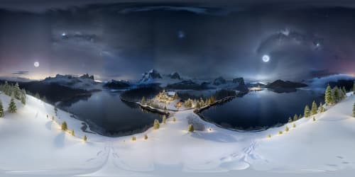 Ultra-high res VR360, digital painting. Radiant moon's reflection, serene lagoon. Ethereal mist-bathed snowy peaks, VR360. Magnificent night sky scattered with glimmering constellations. Fog-enshrouded wintery woodland, best quality masterpiece.