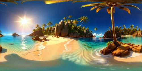 A flawless tropical paradise, with golden sands gleaming under crystal azure waters, vibrant palms dancing in a gentle breeze, the sparkling sun casting mesmerizing reflections on the serene surface, each detail captured in ultra-high resolution perfection.