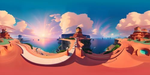 VR360: jewel-toned sunset, radiant with ruby and sapphire hues, shimmering ocean reflecting the majestic sky. Ultra-high-res artist's canvas, digital painting style, flawless gradations of color, a masterpiece of light and shadow. Elegant cosmic abstract in VR360, emphasis on minute detail, a breathtaking panorama.