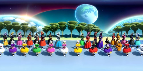 VR360 masterpiece, five adult princesses, white fur attire, gold embellishments. Diverse appearances, blue eyes, blonde hair, application of red lip gloss. Uncommon poses, crouched, arms elevated. Detailed focus on armpits, feline ears. VR360, ultra-definition depth, photorealistic style.