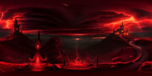 TV drama Stranger Things styled Gothic CREEPY Castles SURROUNDED BY skinny vocalnic stones. dark red background. RED Lightnings in the sky