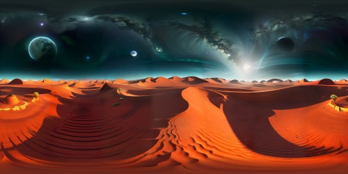 Masterpiece quality, Alien desert landscape VR360 view, night scene. Dual moons, an ultra high-res expanse. Sculptured sand dunes, fantasy-inspired. Pixellation-free, sharp contrast, surreal art style. VR360 space view, twin celestial bodies, blue and green hues.