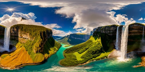 Majestic cascading waterfall under a crystal clear sky, pristine waters reflecting surrounding verdant cliffs, glistening in flawless ultra high resolution, a true artistic masterpiece.