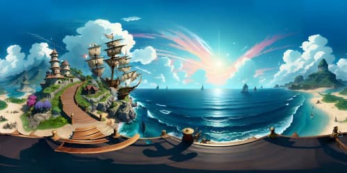 VR360 grand pirate ship, One Piece-inspired, ultra high res, masterful artistry, vast expanse of emerald sea, glowing sunset skyline, silhouette of foreboding islands, rare treasure chest upfront, fantasy art style.