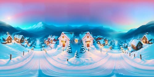 VR360 winter wonderland, hillside overlook, quaint snow-dusted village. Glittering ice, glowing Christmas decorations. Stylistic masterpiece blend, ultra high-definition, vibrant Yuletide hues, intricate detailing for VR360 immersion.