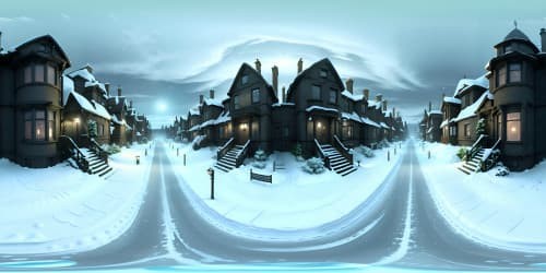 Ultra high-res VR360 view, realistic British street, deep snow, vintage 1960s style. Tall, snow-dusted brownstones, chimney smoke lost in falling snow. Classic cars submerged in snowdrifts. Lamplight glinting off snowflakes. Devoid of people, emphasizing tranquil solitude.