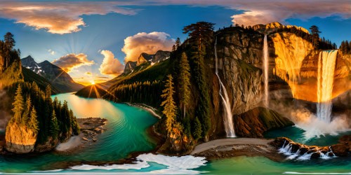 A breathtaking panoramic view of a majestic crystal-clear waterfall cascading down into a serene azure lake, surrounded by towering emerald forests under a vibrant  golden sunset, captured in flawless ultra high resolution.