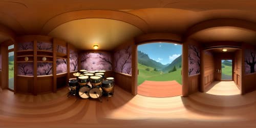 VR360 Taiko drums, quality masterpiece, texture-enhanced, ultra high-res, VR360 view, deep wood grain, intricate patterns, vivid inks, panoramic backdrop