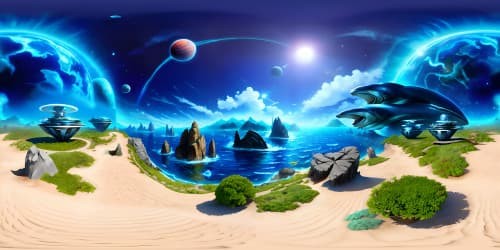 VR360 masterpiece, ultra HD, alien planet seascape, soaring dolphins, mystery planetary terrain, extraterrestrial aquatic flora. Blend of sci-fi and surreal art style, VR360 depth and detail.