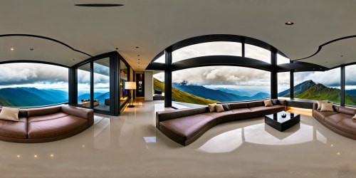 A flawlessly crafted, ultra high-resolution, futuristic living room with sleek, minimalist furniture, overlooking misty mountains through expansive windows on a grey rainy day, enhanced by ambient lighting, modern technology, and luxurious finishes, a perfect blend of comfort and sophistication.