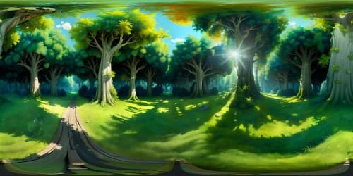 VR360 view in a deep forest, towering ancient trees, dense undergrowth, moss-draped branches. Shimmering sunlight filtering through thick canopy, creating a greenish hue. Ultra HD resolution. Brushstroke visual style, attention to detail, masterful use of light and shadow. Pivotal VR360 scene, reminiscent of a meticulously detailed painting.