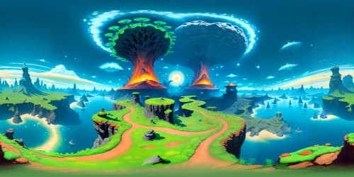 Monumental VR360 volcano, dog-shaped lava flows, surrealistic elements. Top-quality fantasy art style, ultra-quaint, masterfully detailed. VR360 panorama, volcano crest silhouetting against stunning sky. No obstruction, full immersion.