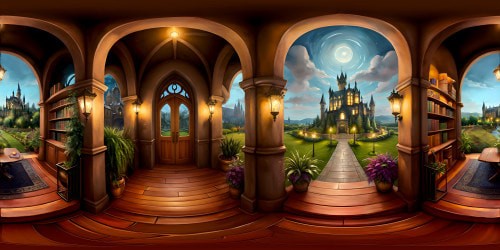 Hogwarts Hufflepuff Commonroom, VR360 ultra-high res masterpiece. Earthy tones, large circular windows, honey-glow lanterns. Silhouettes of various potted plants, assortment of comfortable, oversized chairs. Stacks of enchanting, leather-bound books on sprawling, wooden tables. Cozy fireplaces, mellow gold and black banners. Pixar-style artistry, whimsical details, VR360 view of starlit Hogwarts grounds from