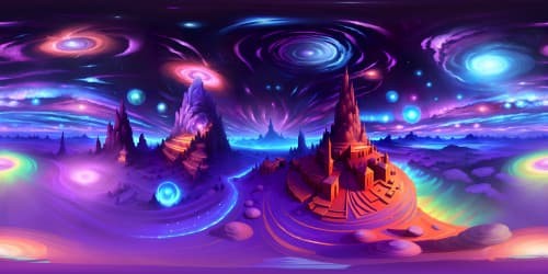 Ultra high-res VR360 vista, abstract space masterpiece. Colorful supernovae blooms in VR360 view, radiant, celestial star fields. Burst of iridescent gases, shimmering star trails, luminous cosmic panorama, abstract-style supernova explosions.