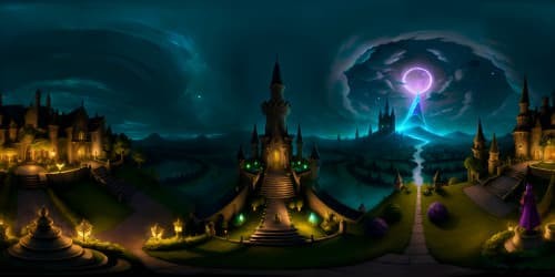 Elven lad with mid-length, curling green hair, bold violet eyes, amidst an enchanting, vivid landscape, magnificent medieval castle backdrop. Majestic fountain in castle courtyard. VR360, ultra high-resolution, quality masterpiece, VR360.