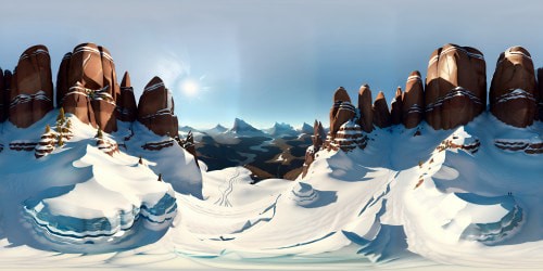 VR360 masterpiece, steep crags, ice-glazed peaks, geo2-inspired, frosted crystal formations. Ultrahigh resolution, VR360 panoramic view. Art Nouveau fusion style, intricate lines, bold curvature, vibrant color contrasts.