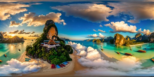 A flawless, high-resolution depiction of a breathtaking Thailand beach scene, featuring crystal-clear turquoise waters, vibrant longtail boats against a backdrop of majestic mountains and ancient temples under a perfect blue sky.