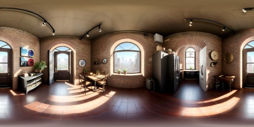 New York loft photo-realistic, VR360 ultra-high-resolution masterpiece. Exposed brick walls, expansive arched windows, cityscape view. Vintage furniture, scattered art pieces, rustic wooden flooring. Subtle light play, chiaroscuro effects. Modern meets classic blend, VR360 view of urban tranquility.