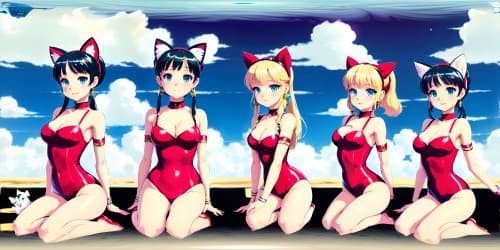 best quality, masterpiece, ultra high res,five 30 year old princesses_wearing pink leotards_wearing gold hoop earrings_wearing red lip gloss_one has blue eyes_two of them are blonde_they are squatting_spread_arms above their heads_close up of armpit_ cat ears, style manga full body